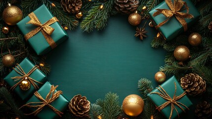 Green gifts with pine and golden ornaments for a festive holiday vibe