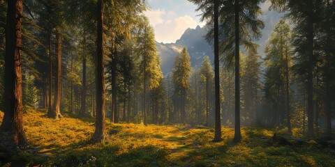 Fototapeta premium Lush wild wood thrives in mountainous regions, showcasing the beauty of wild wood in diverse natural landscapes and highlighting the unique features of wild wood in serene environments.