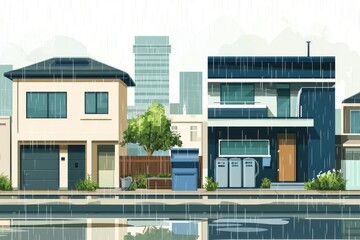 Obraz premium Illustrative Graphic of Rainwater Harvesting Systems in Urban Settings with Modern Residential Architecture and Sustainable Design Elements
