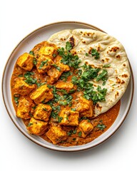 Savory butter chicken curry with naan bread white plate food gourmet kitchen close-up culinary delight