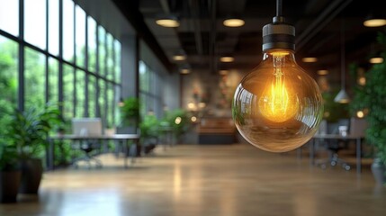 Glowing Lightbulb Hanging in Modern Office Space Symbolizing Ideas and Innovation