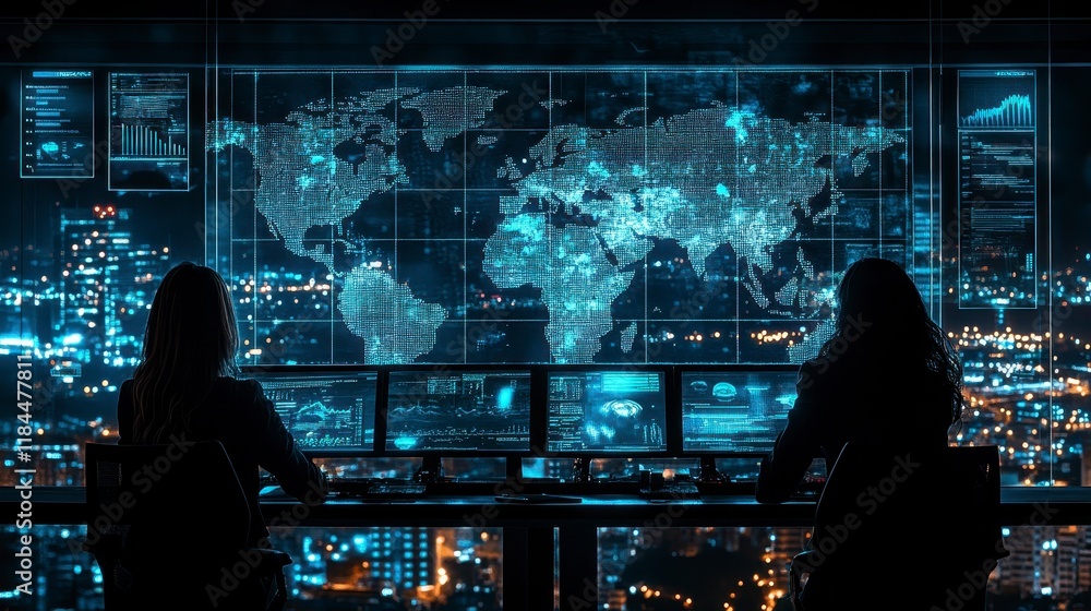 Aufkleber global cybersecurity monitoring two analysts review data on world map at night