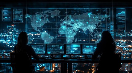 Global Cybersecurity Monitoring Two Analysts Review Data on World Map at Night