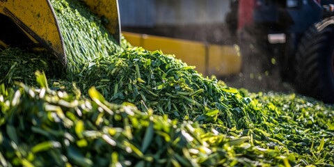 Green mass of corn silage being placed in the pit, showcasing the rich texture and volume of corn silage as it is prepared for storage, ensuring optimal preservation of corn silage quality.