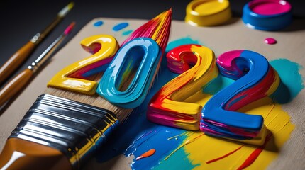 A colorful depiction of the year 2022 with paint and brushes, symbolizing creativity.