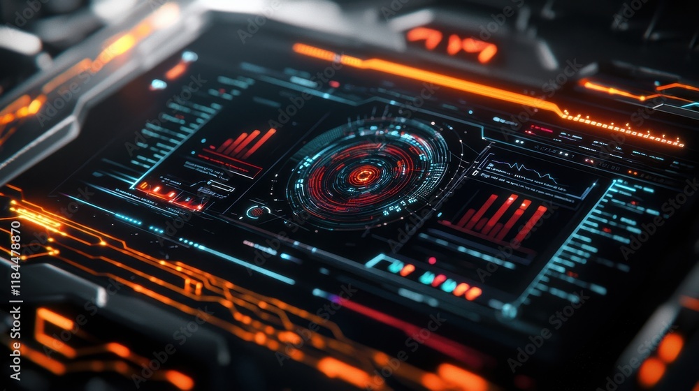 Poster futuristic digital dashboard with holographic hud interface for advanced data visualization and fina