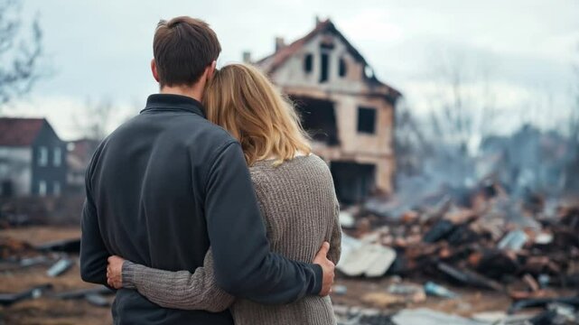 A couple embraces while facing the aftermath of devastation after war, symbolizing resilience and loss in disaster recovery efforts