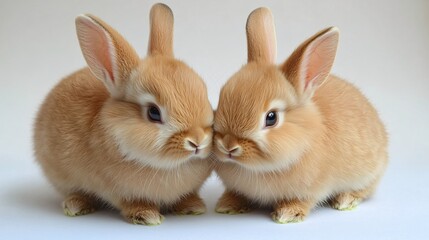 Cute twin rabbits sitting closely together in a serene indoor setting