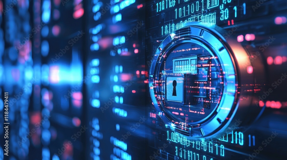 Poster cyber security: futuristic digital lock interface with binary code
