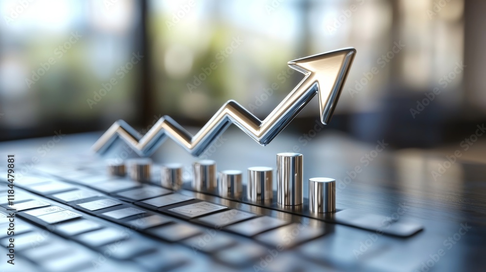 Poster chrome arrow growth 3d rendered chart on keyboard