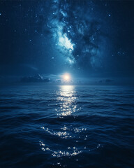 Celestial Sea at Night: Serene night sky over tranquil ocean, stars and moon reflecting on dark blue water. A breathtaking view of nature's beauty. 