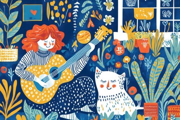 Person Serenading Their Dog with a Guitar Among Colorful Plants and Flowers in a Vibrant Indoor Setting