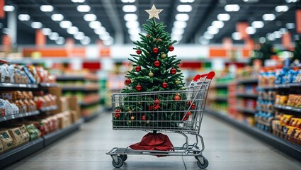 A red shopping cart stands empty in the supermarket, ready for holiday food purchases