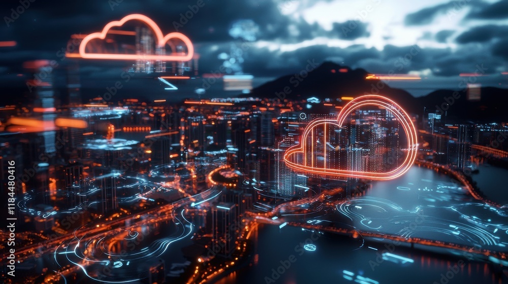 Poster futuristic smart city skyline with illuminated high tech infrastructure and digital cloud data netwo