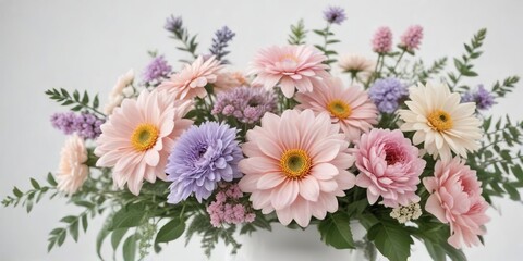 pastel flowers arrangement on white background, flower bouquet, garden blooms, peony