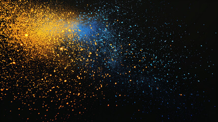 Vibrant grainy background, abstract yellow blue orange color gradient shape, black backdrop noise texture dark banner header poster design, copy space 