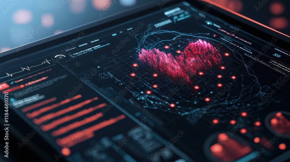 Poster futuristic digital heart visualization on tech interface dashboard showing intelligence and network 