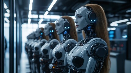 Futuristic Female Robots in a Modern Factory Line up AI Technology Innovation