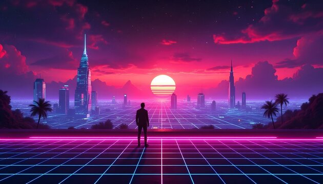 Retro background landscape 1980s style. Retro 80s sci-fi background city landscape. Futuristic background retro wave. Retro futuristic synth wave retro wave 80s styled night cityscape with a big sunse