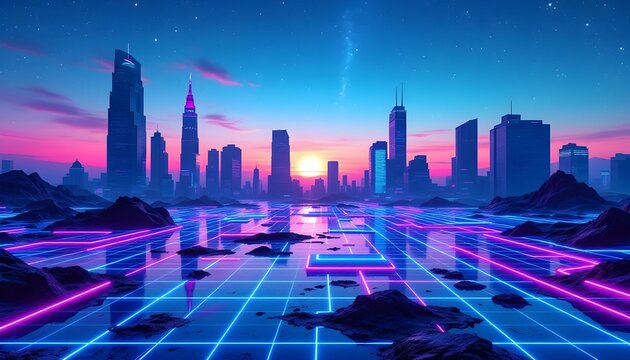 Retro background landscape 1980s style. Retro 80s sci-fi background city landscape. Futuristic background retro wave. Retro futuristic synth wave retro wave 80s styled night cityscape with a big sunse