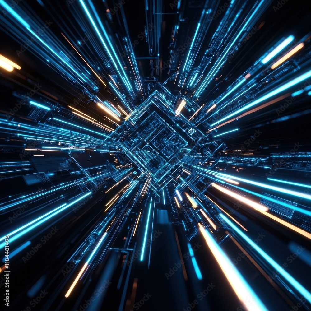 Poster dazzling hyperspace vortex abstract futuristic digital beam explosion in high speed motion
