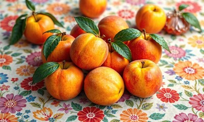 vibrant fresh apricots on a colorful tablecloth, vibrant, harvest, food