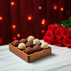 rose and chocolate in a table romantic setup for rose and chocolate day. A chocolate box with truffles, bouquet of red roses on a marble surface, St Valentines day, romantic present.