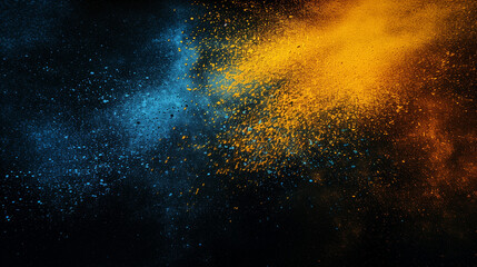 Vibrant grainy background, abstract yellow blue orange color gradient shape, black backdrop noise texture dark banner header poster design, copy space 