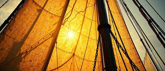 Weathered wooden sail canvas with intricate rope details backlit by golden light, sunlit, yacht sails