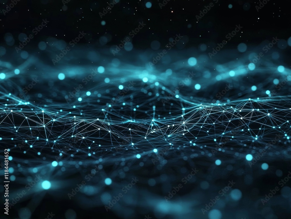 Poster teal network abstract digital landscape of connected nodes and bokeh effects