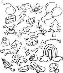 Vector hand-drawn kids doodle set. Drawings for children in black and white hand drawn sketch