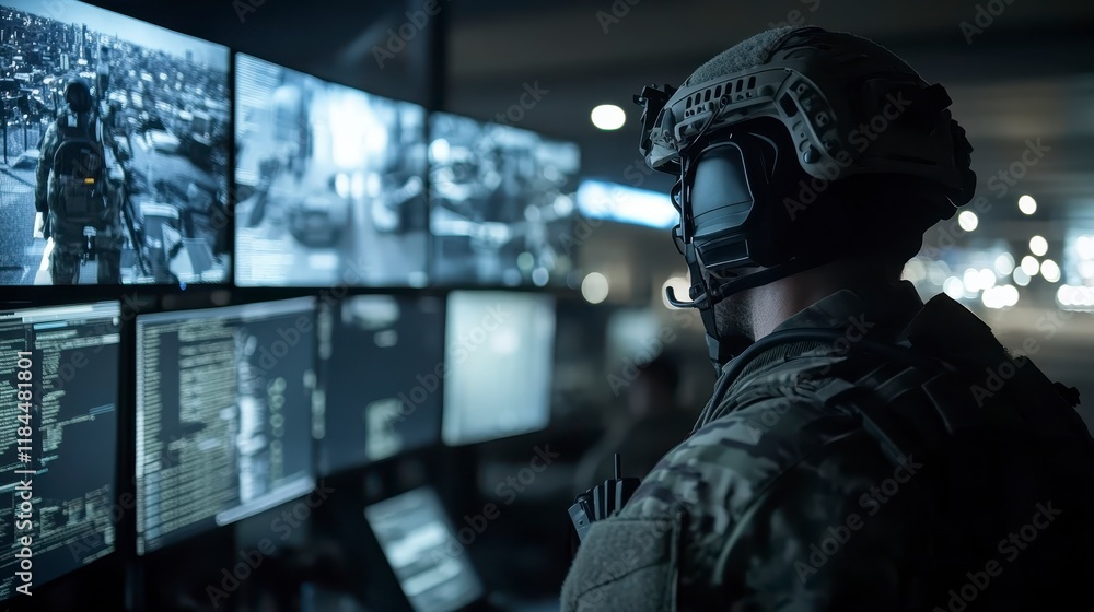 Poster soldier monitoring security cameras data streams in command center at night