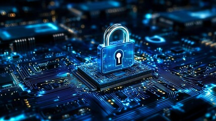 Cybersecurity 3D Render of Padlock on Circuit Board