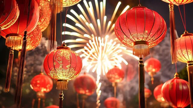 Red Chinese lanterns hanging with fireworks on the night sky on the background. New year celebration