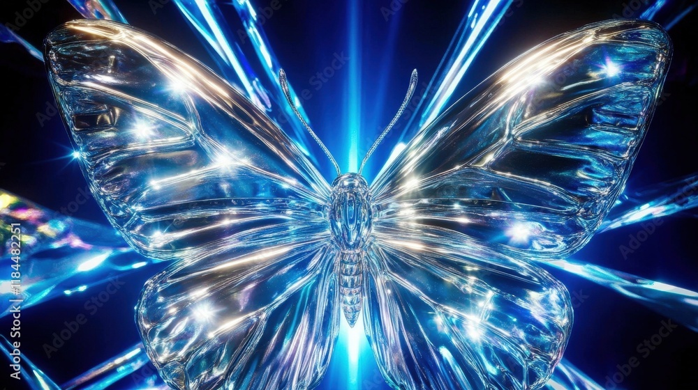 Poster futuristic butterfly with metallic wings reflecting light in a stunning display of color and design
