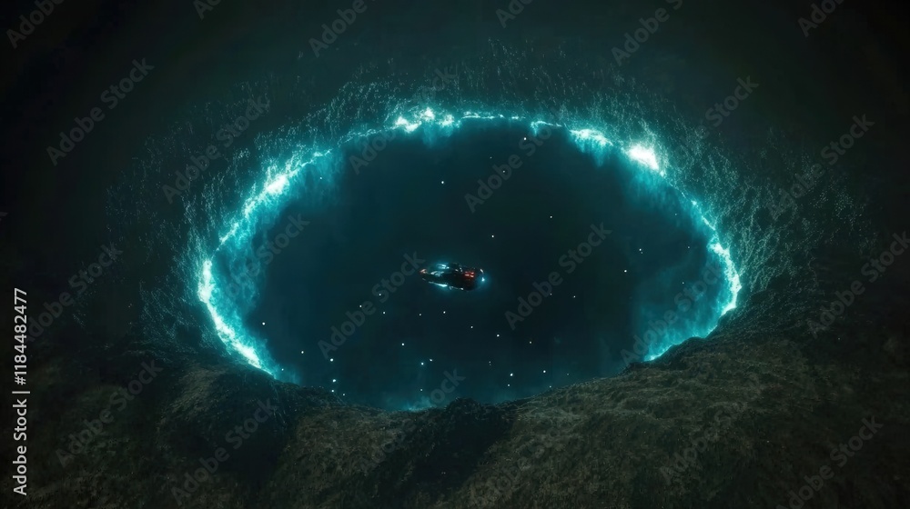 Poster futuristic hovering spacecraft near a luminous nebula in a mystic cosmic scene of deep space explora