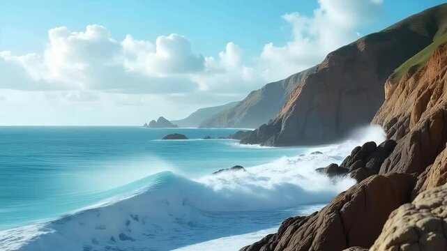 A large wave crashing against rocky cliffs under a bright blue sky