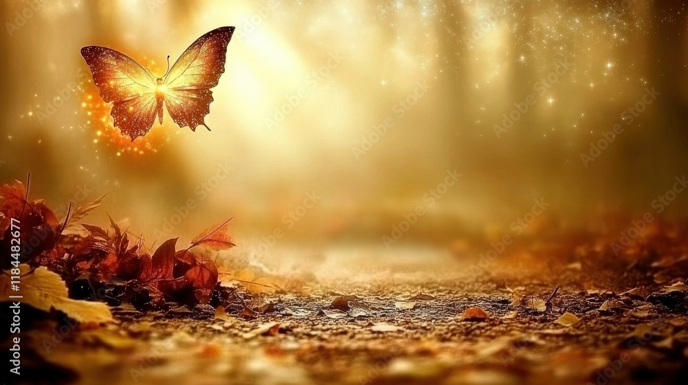 Poster enchanting glowing butterfly flying through a magical forest with soft light filtering through trees