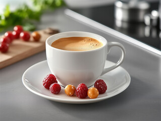 Photo of food: a cup of coffee with raspberries.