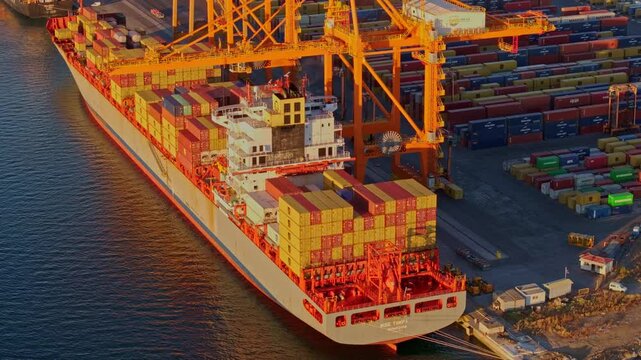 Thessaloniki, Greece - 01 December 2024: Aerial view of colorful container ships and cranes at a busy port during sunset, Thessaloniki, Greece.