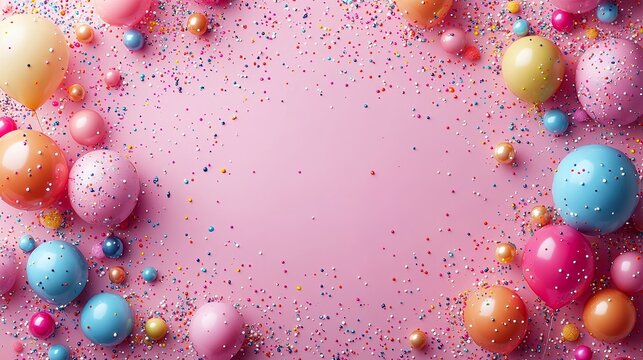 Professional best selling stock photography, pink background with colorful party decorations around the edges, birthday card template , realistic, contest winner, candid moments captured, creative com