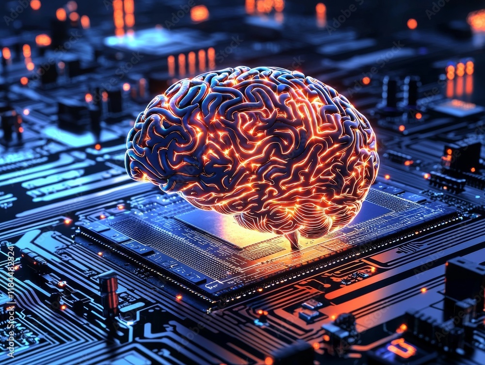 Aufkleber digital brain glowing neural network on circuit board