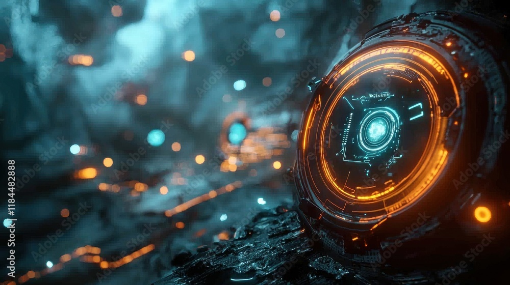 Poster captivating futuristic orb emanating enigmatic ethereal glow in mesmerizing cyber environment