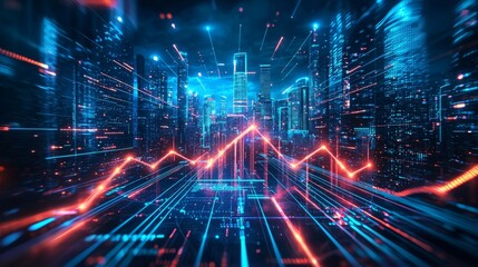 Neon Cityscape Upward Trend in Digital Data Flow