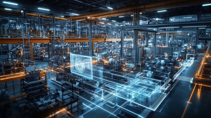 Fototapeta premium Smart Factory Digital Overlay on Industrial Assembly Line