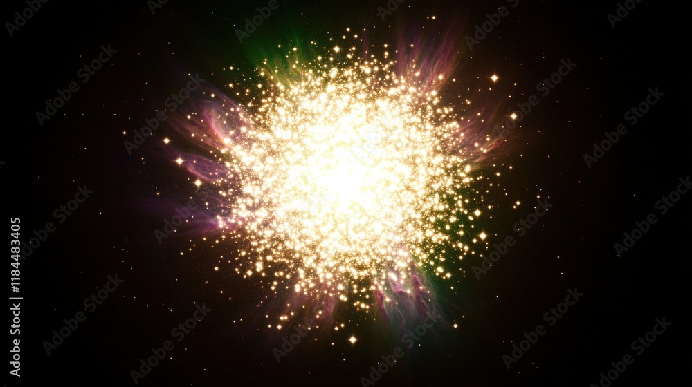 Poster glowing star cluster surrounded by colorful wisps of light in a deep space background