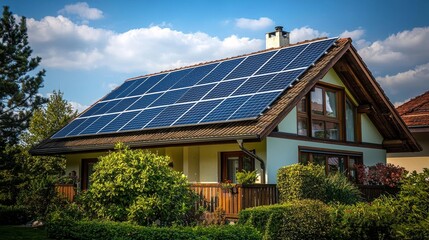 Fototapeta premium Solar-Powered Chalet Rooftop Panels, Green Surroundings, Sustainable Home
