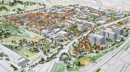 Aerial Watercolor Campus Masterplan Sketch and Rendered Design Concept