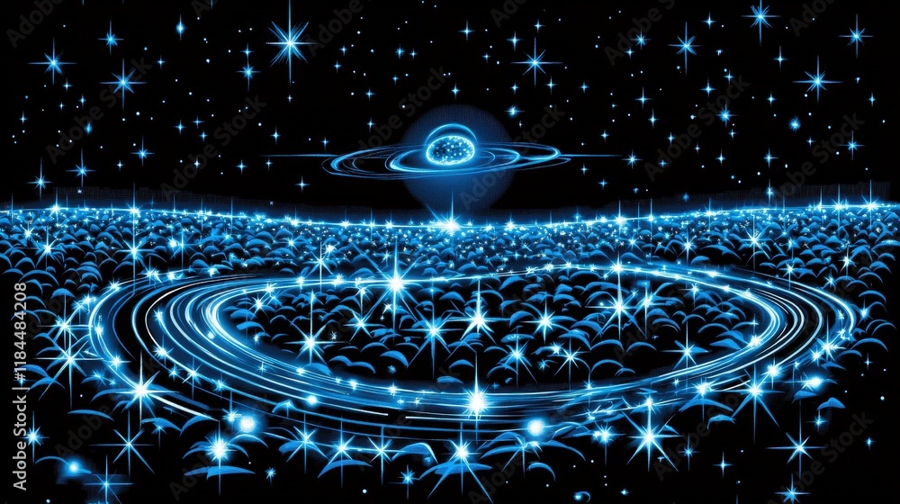 Poster luminous trail of a comet crossing a dense field of stars with a saturn-like planet in the backgroun
