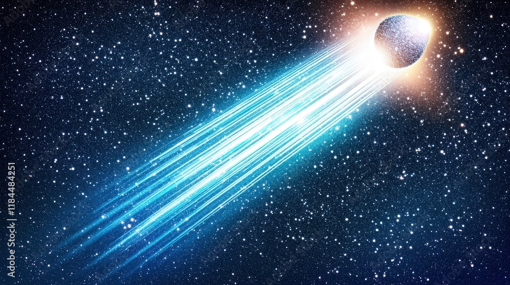 Poster luminous comet trail crossing dense field of stars in vast cosmic space, captured in low resolution 